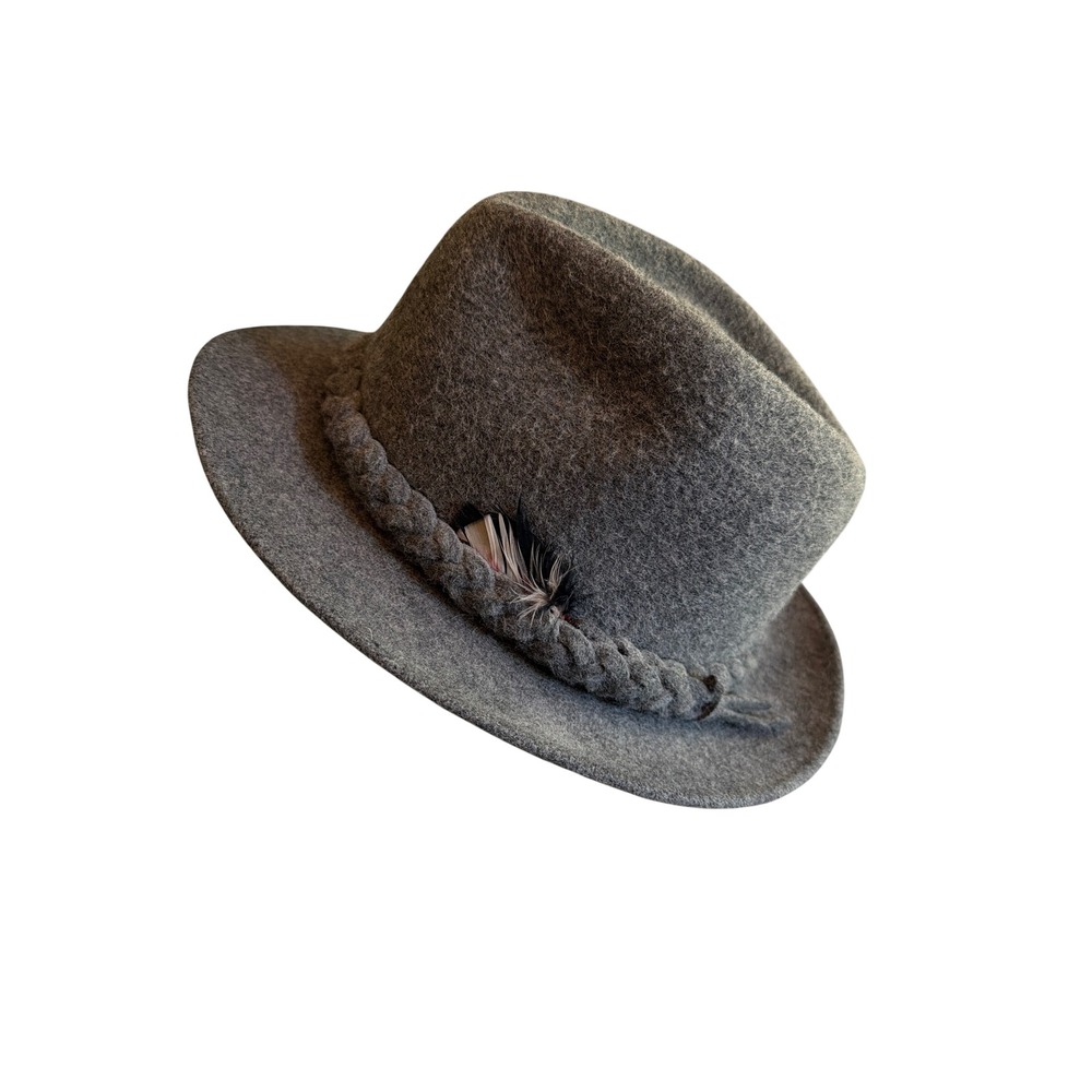 Mallory by Stetson Fedora Grey Wool Felt Braided Band Feather Hat 7 5/8